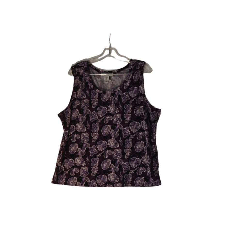SAGHARBOR Stretch Soft Silky Sleeve-less Purple White Floral Prints Top L